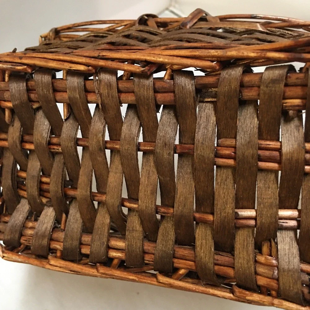 Woven Wicker Basket Unisex Small Brown Rustic Rectangular Handle Cottagecore